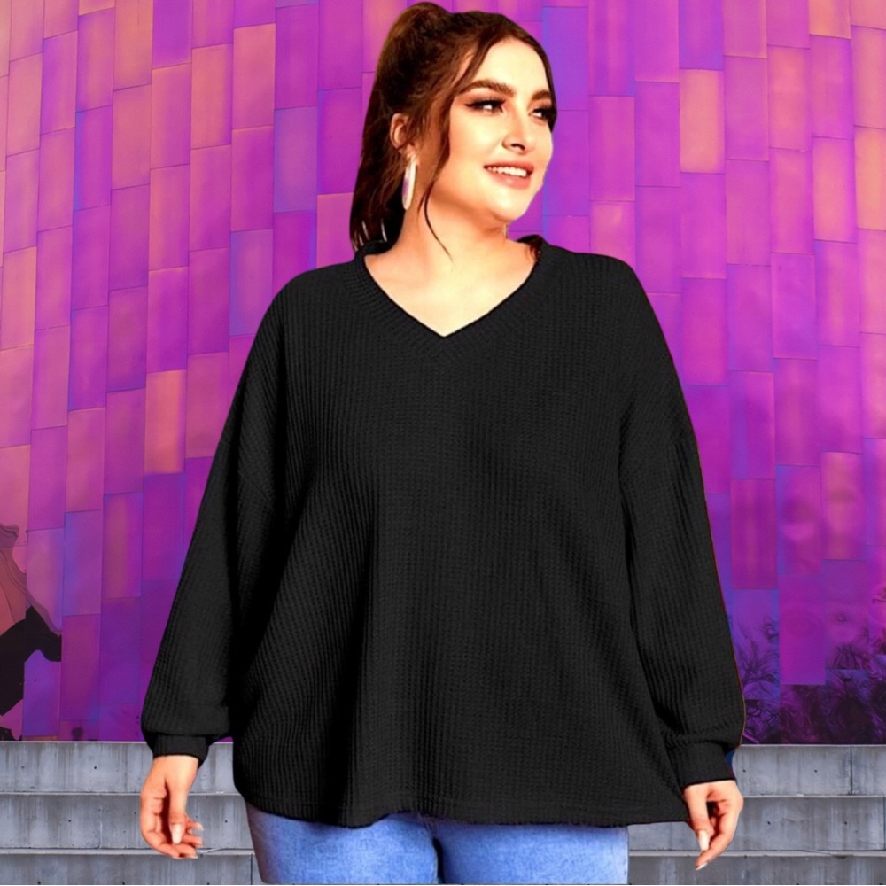 🆕Women’s plus-size Black Oversized Lantern-sleeve Stretchy Waffle-knit Top❤️3X